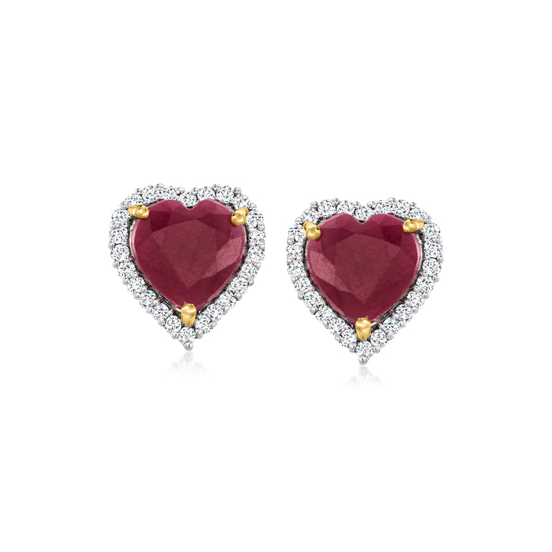 Heart stud earrings in 14kt yellow gold with ruby heart and diamond halo