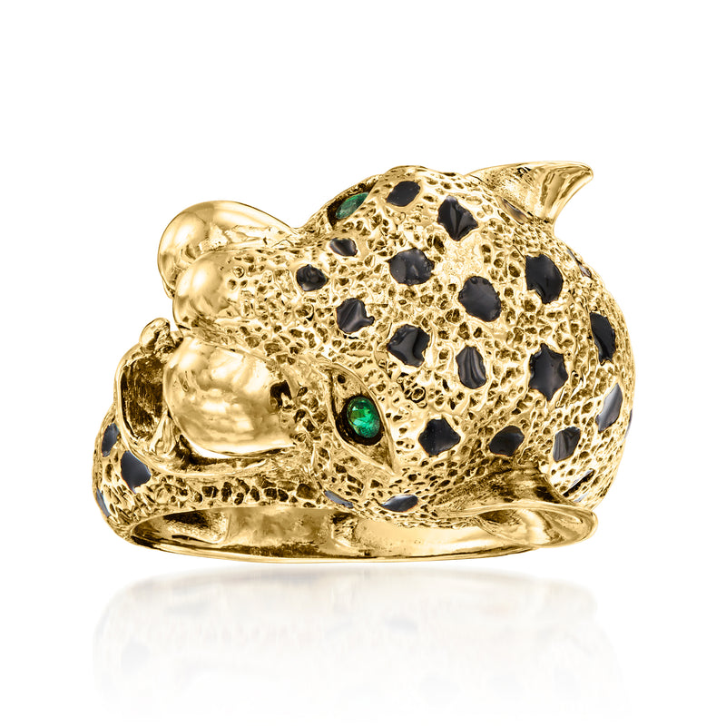 Gold panther head ring with black enamel spots and green emerald eyes