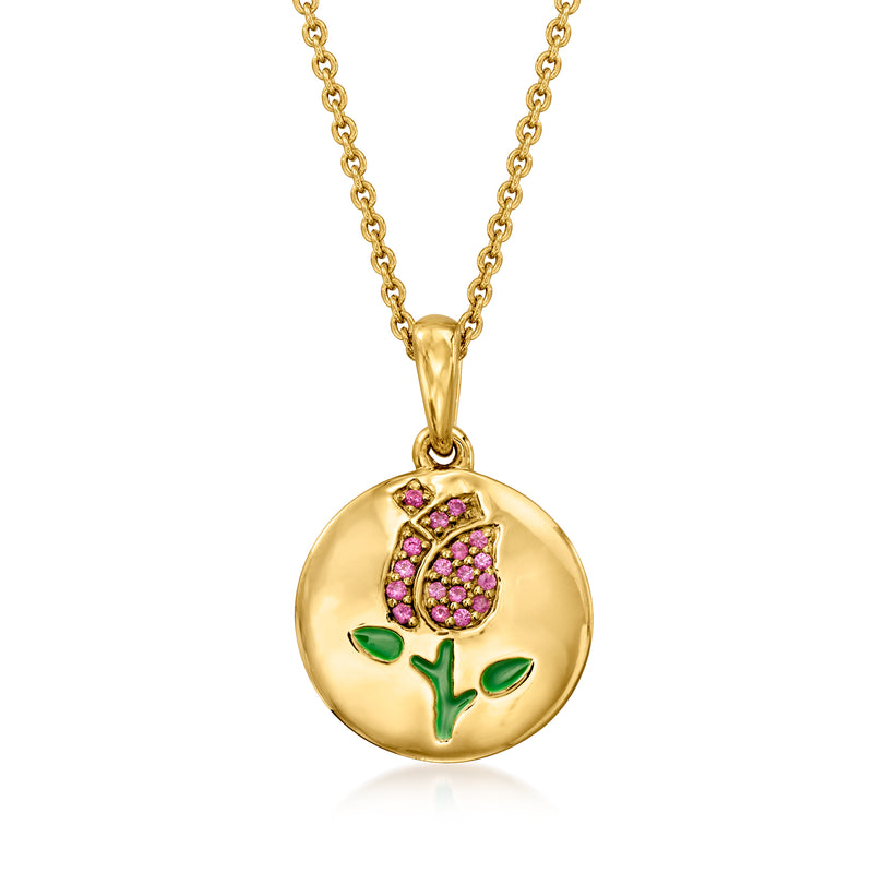 Gold flower pendant necklace with pink stones and green enamel, round disc