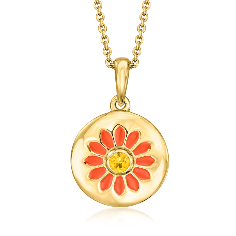 Round flower pendant necklace with orange enamel petals and gold tone chain