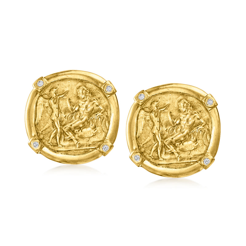 Vintage round gold coin earrings with classical figure relief and four diamond accents