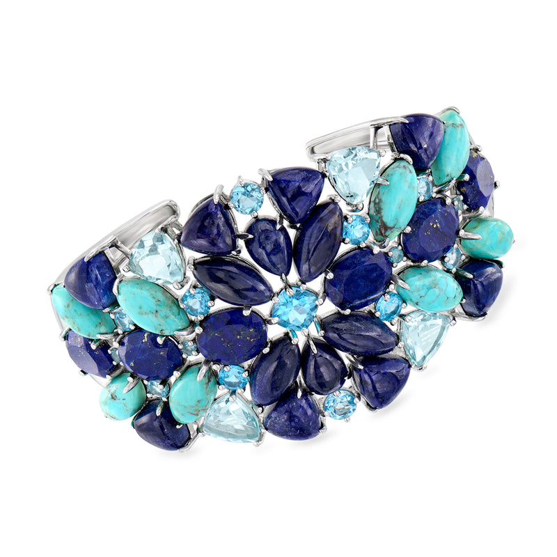 Sterling silver cuff bracelet with turquoise and navy blue gemstone clusters