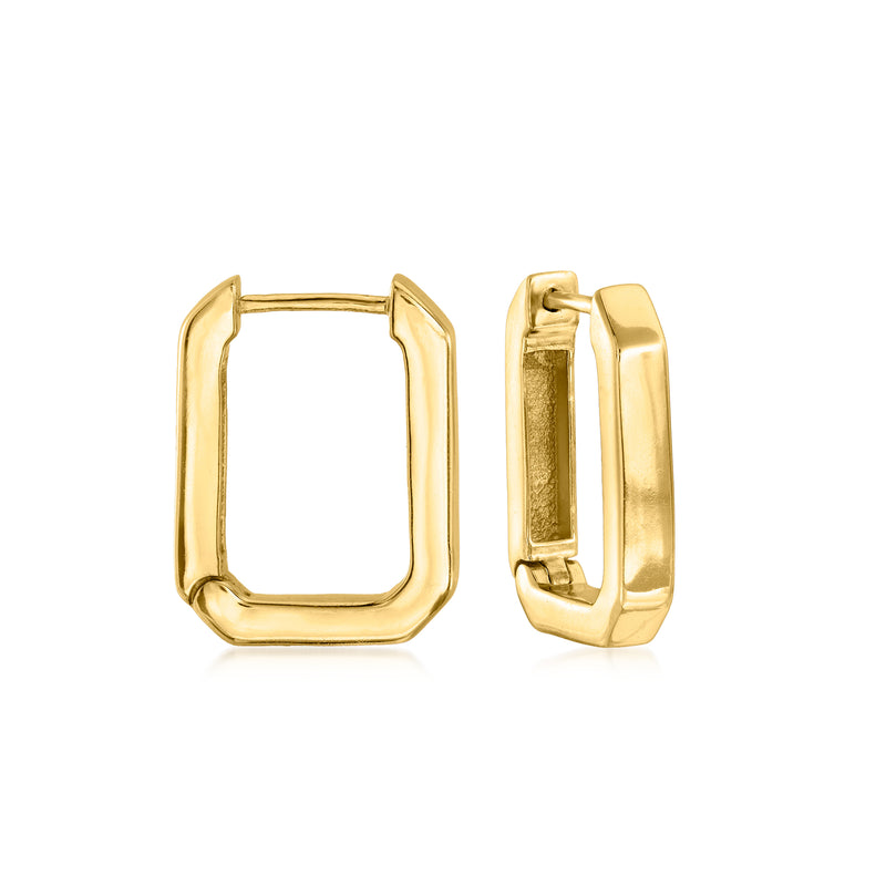 Gold-tone square hoop link earrings with open faceted frame, hinged backing
