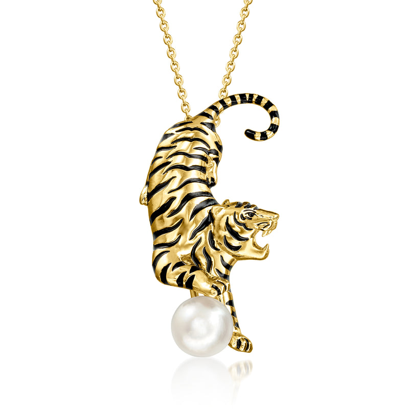 Tiger pin/pendant necklace in gold with black enamel stripes and pearl, close-up