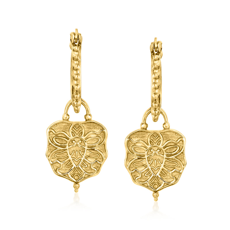 Gold beaded hoop drop earrings with removable floral charm pendants