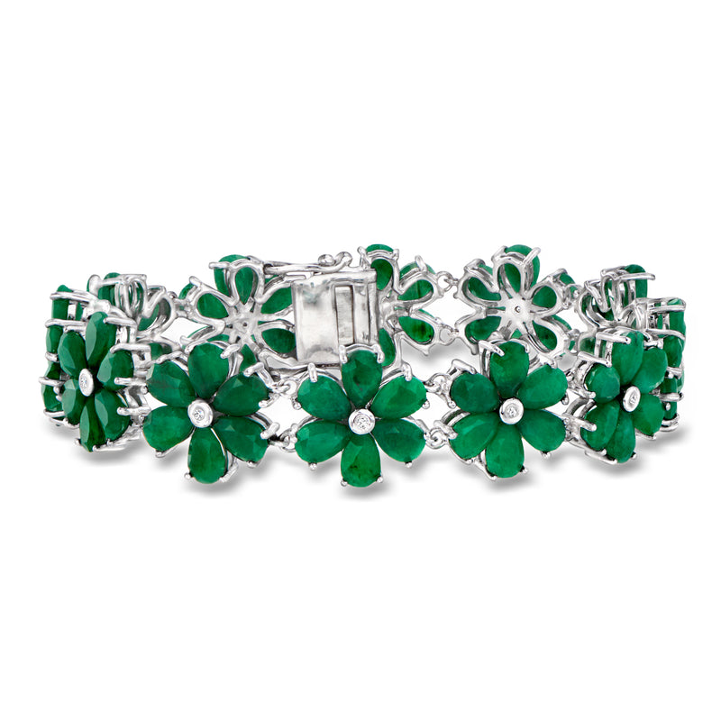 Sterling silver flower bracelet with green gemstones and small diamond accents