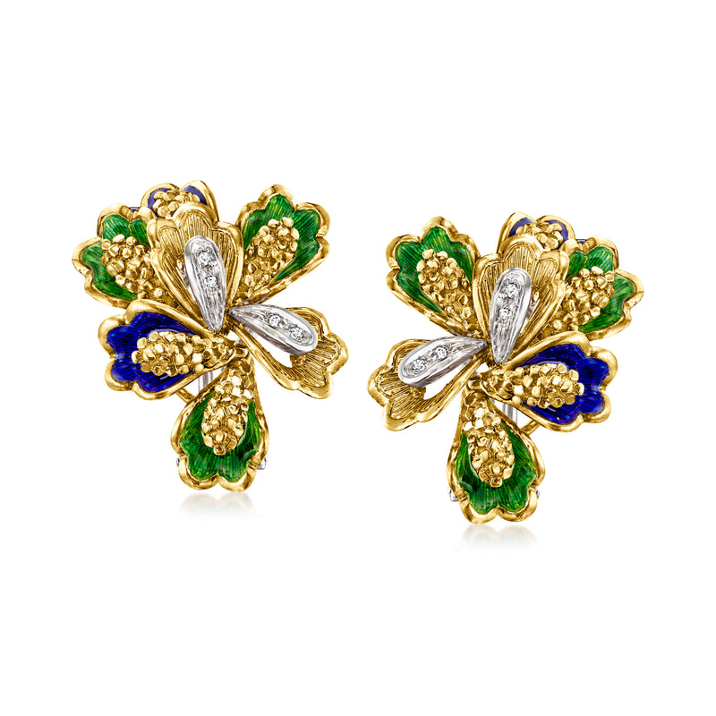 Two-tone gold floral enamel clip earrings with green, blue, and clear stones