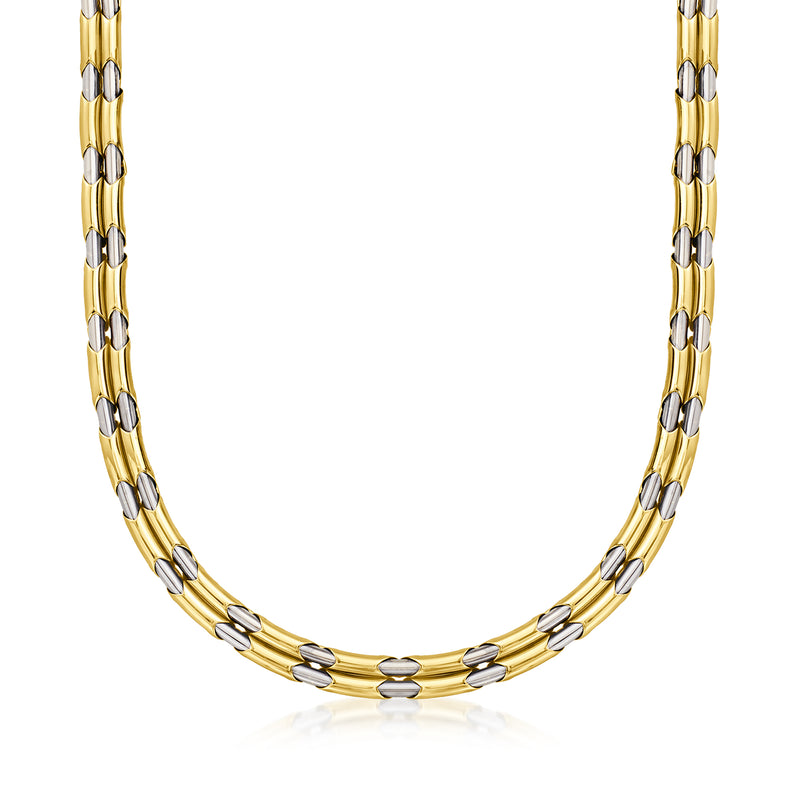 Two-tone gold necklace with oval link chain, polished metal finish
