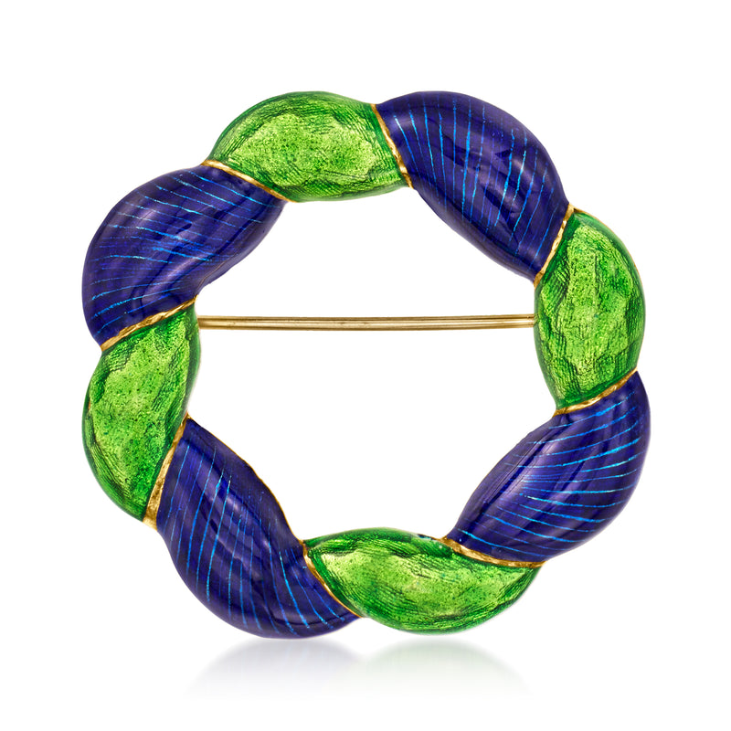 Twist circle enamel pin with blue and green guilloche-style segments, 18kt yellow gold bar