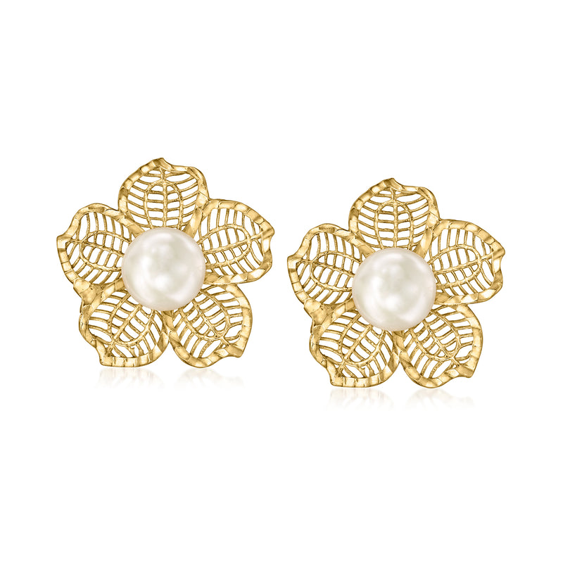18kt gold over sterling flower stud earrings with white cultured pearl center