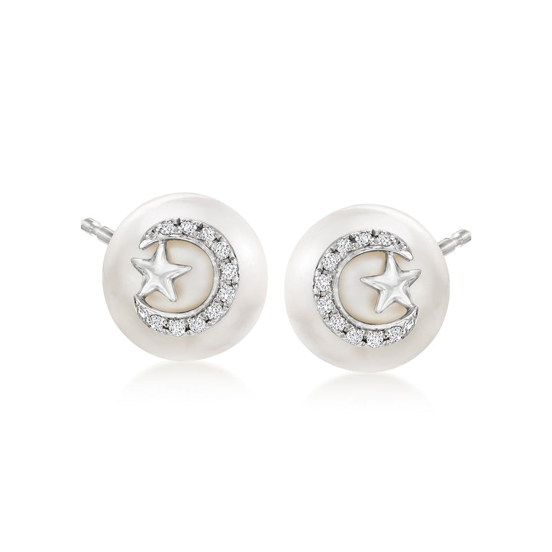 Sterling silver pearl stud earrings with crescent moon and star, diamond accents