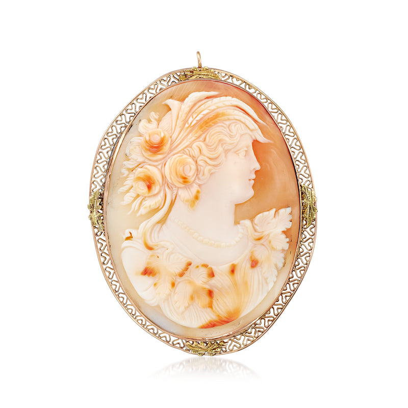 Vintage oval orange shell cameo pendant in 14kt yellow gold, raised lady profile