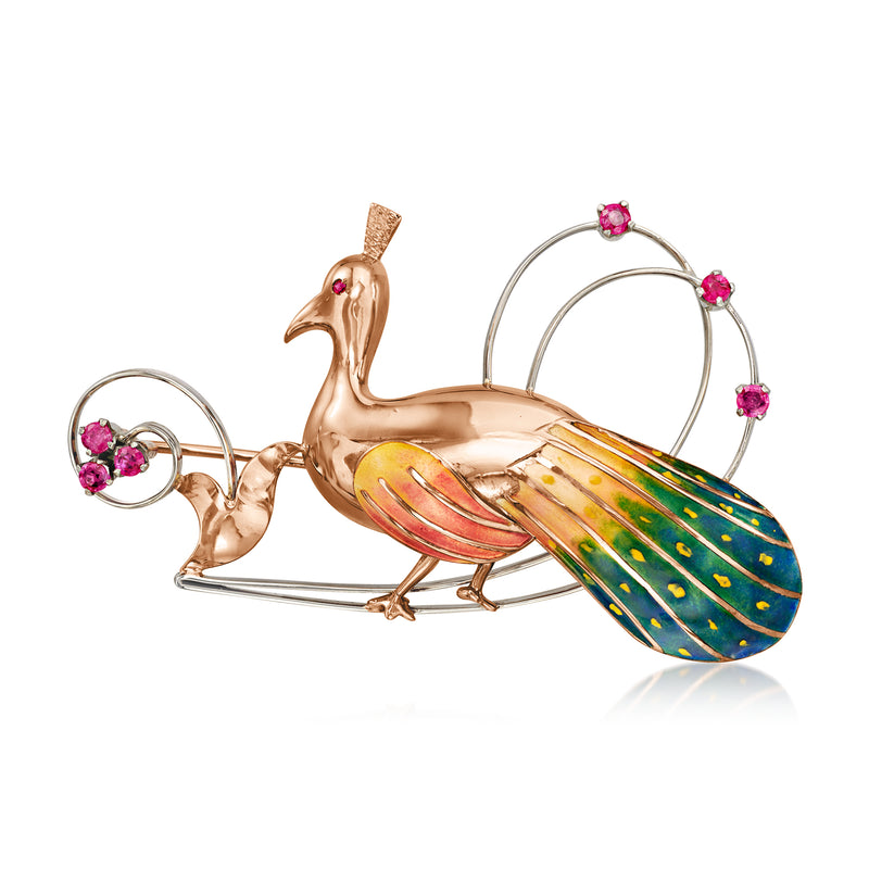 Vintage peacock pin in two-tone gold with multicolored enamel and pink gemstone eyes