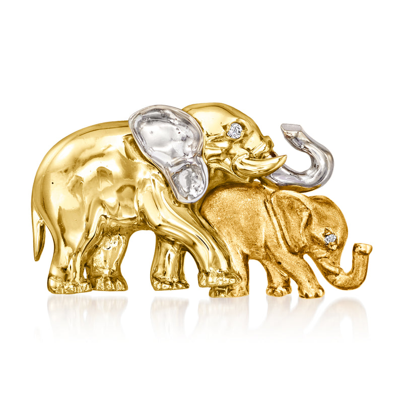 Two-tone gold elephant mother and baby pin with small diamond accents