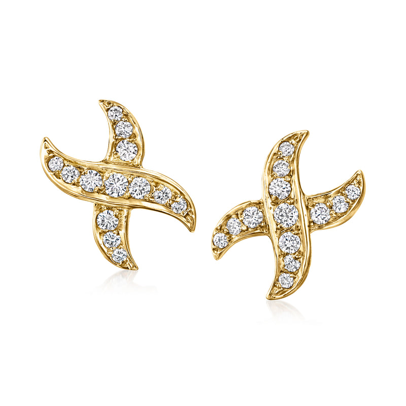 Vintage yellow gold diamond X stud earrings with curved pave design