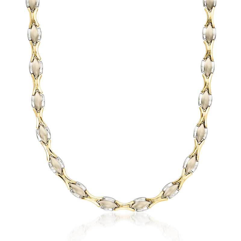 Two-tone gold fancy-link necklace with linked oval chain and polished finish
