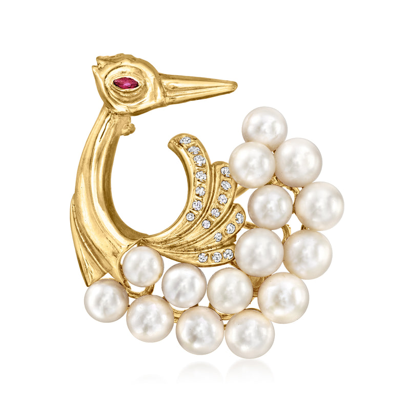 Peacock pin in 14kt yellow gold with cultured pearl body, ruby eye, and diamond accents