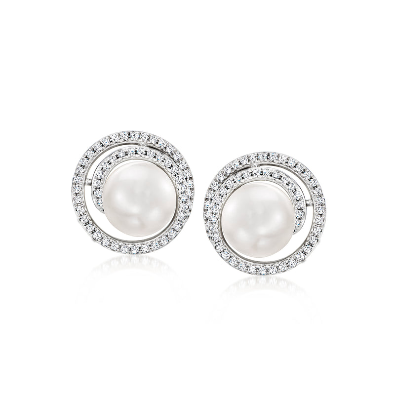 14kt white gold stud earrings with round cultured pearl and diamond spiral halo