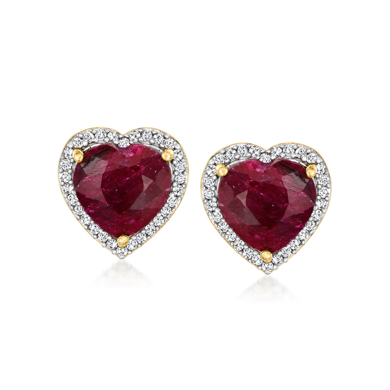 Heart-shaped ruby stud earrings with diamond halo, gold posts, red center stones