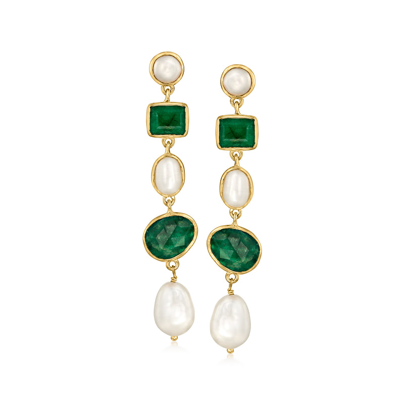 Gold-tone drop earrings with green gemstone squares, round stones, and white pearls