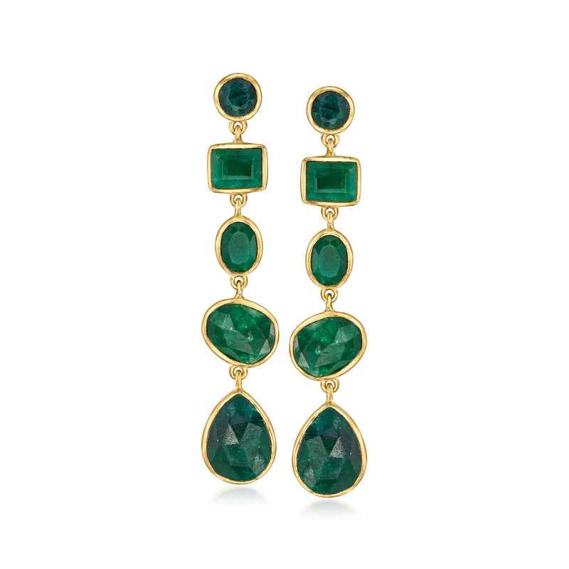 Gold drop earrings with bezel-set emerald-green stones, three-tier dangling design