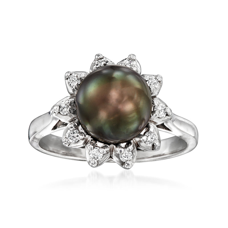 Black cultured pearl ring with diamond-look side stones, 14kt white gold prong setting