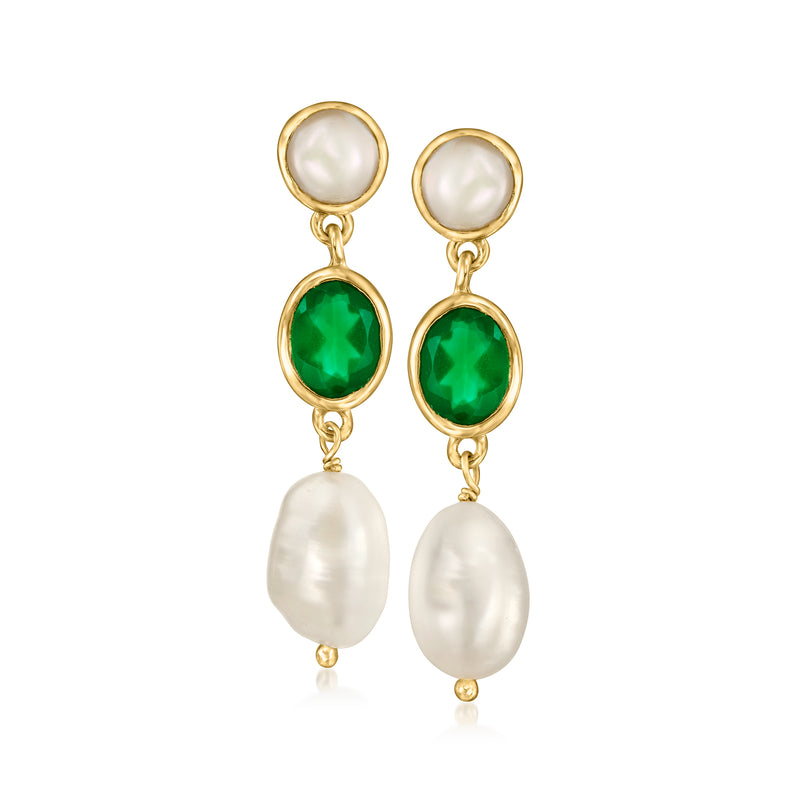 Gold drop earrings with green chalcedony and white cultured pearl drops