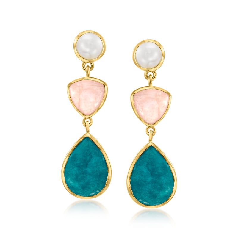 Gold-tone drop earrings with round white pearl and pink plus teal teardrop stones