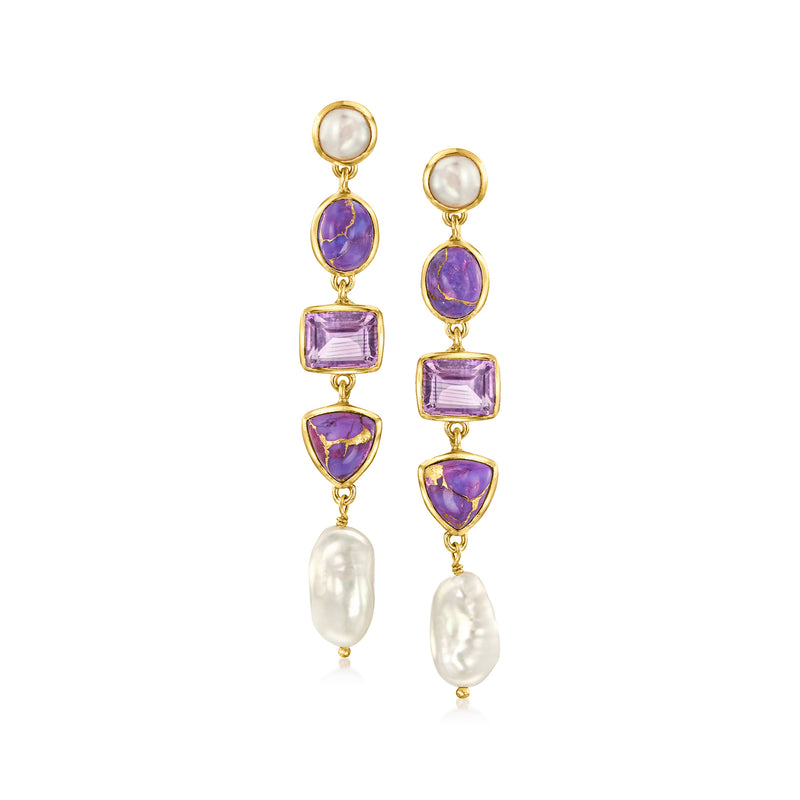 Gold-tone drop earrings with purple amethyst-like stones and white cultured pearl drops