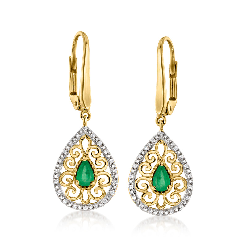 14kt yellow gold leverback drop earrings with green emerald teardrop and diamond halo