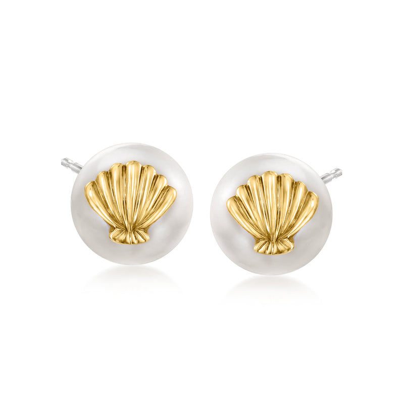 Seashell-shaped cultured pearl stud earrings in 14k yellow gold