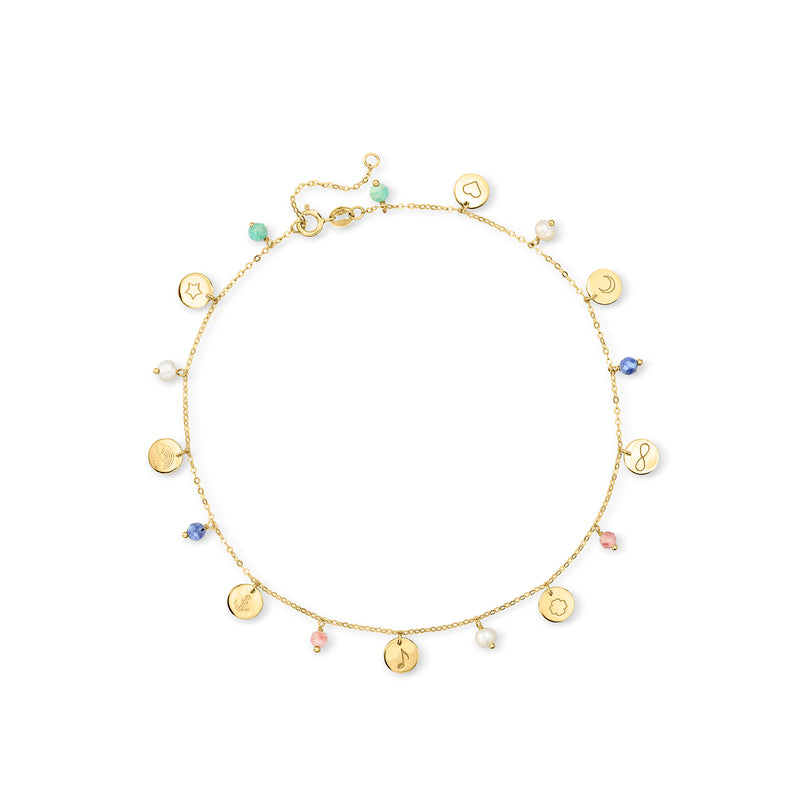 14kt yellow gold charm anklet with cultured pearls and multi-gem symbol charms