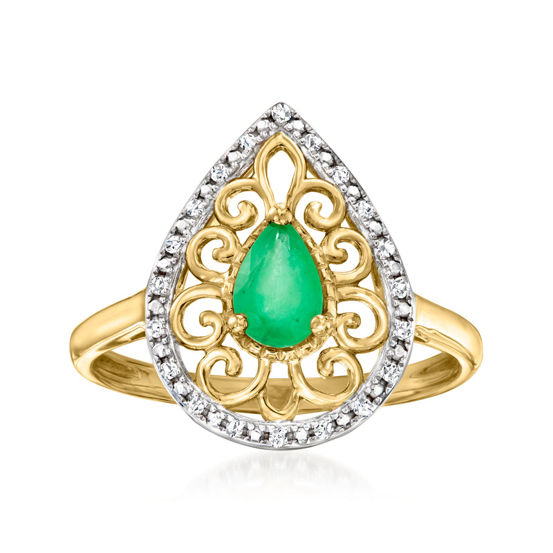 14kt yellow gold teardrop ring with green emerald center and diamond halo