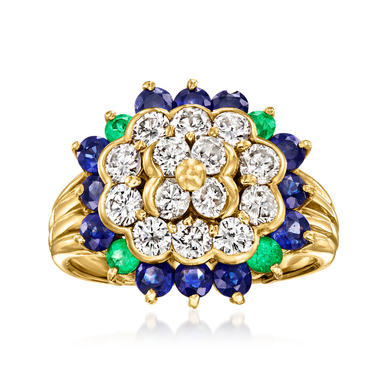 18k yellow gold cluster ring with round diamonds, blue sapphires, and green emeralds