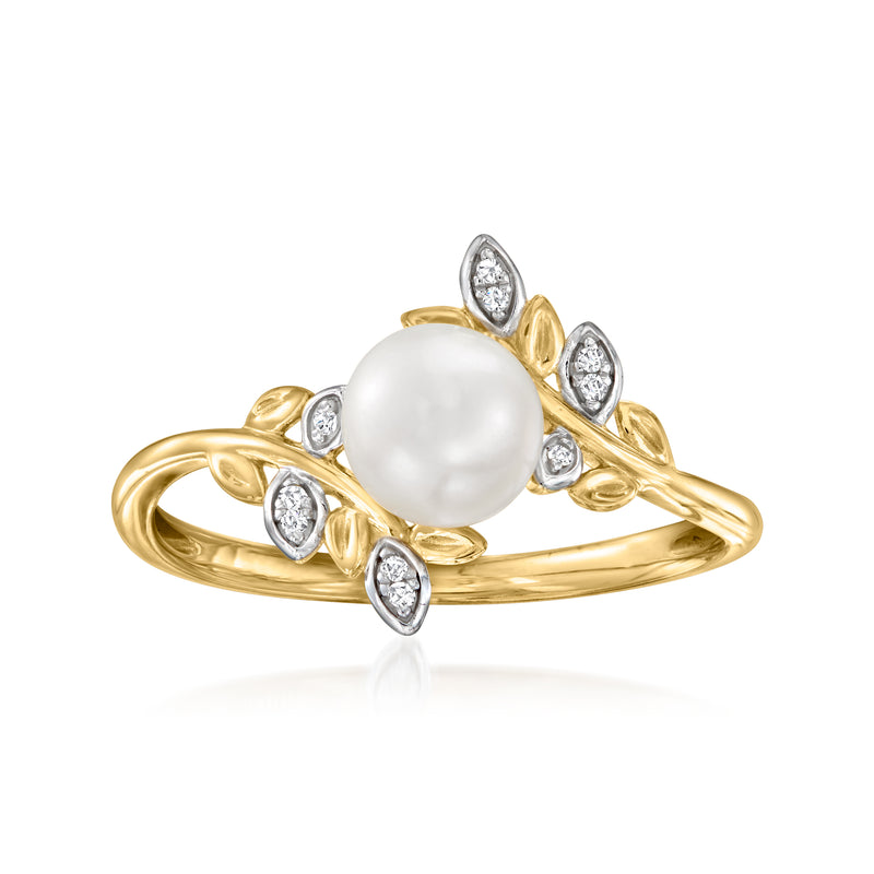 14kt yellow gold leaf ring with round cultured pearl and diamond accents