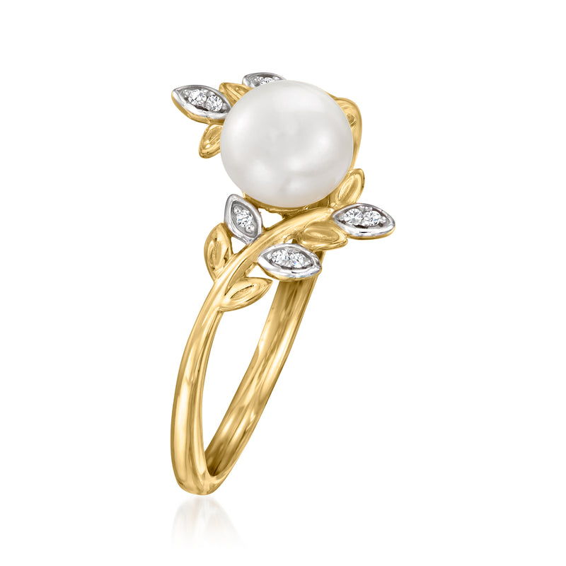 14kt yellow gold pearl leaf ring with round cultured pearl and clustered diamonds