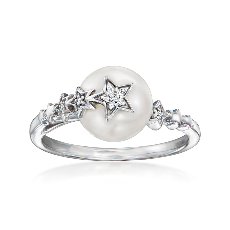 Sterling silver cultured pearl star ring with diamond star accents