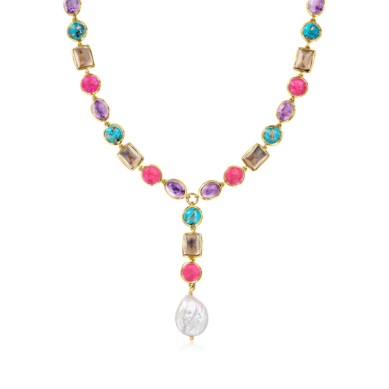 Gold-tone Y-necklace with multicolor gemstones and cultured pearl drop