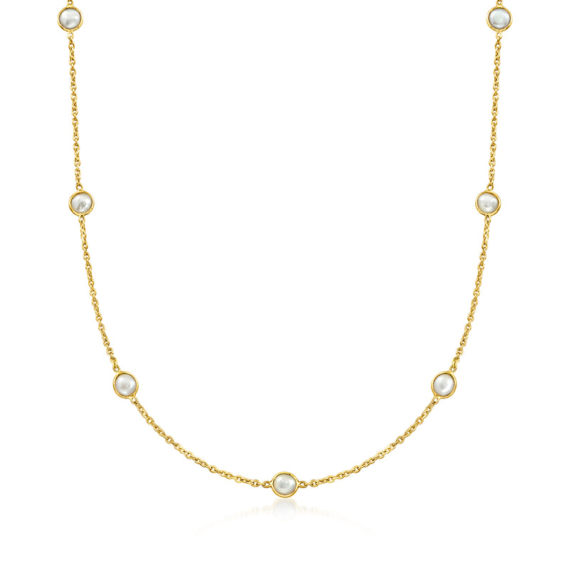 Cultured pearl station necklace with small oval pearls on 18kt gold over sterling chain