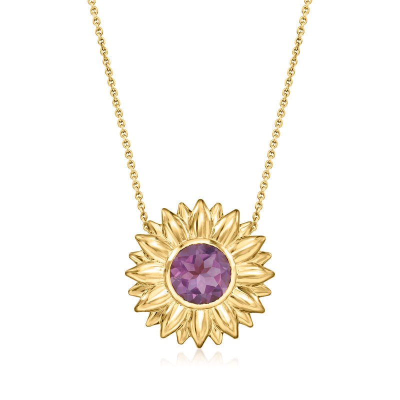 Gold-tone flower pendant necklace with purple amethyst round center stone