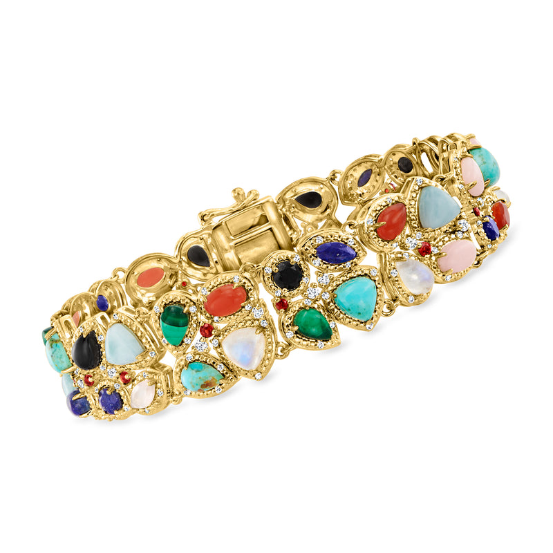 Gold-tone multi-gemstone bracelet with round and teardrop colorful stones