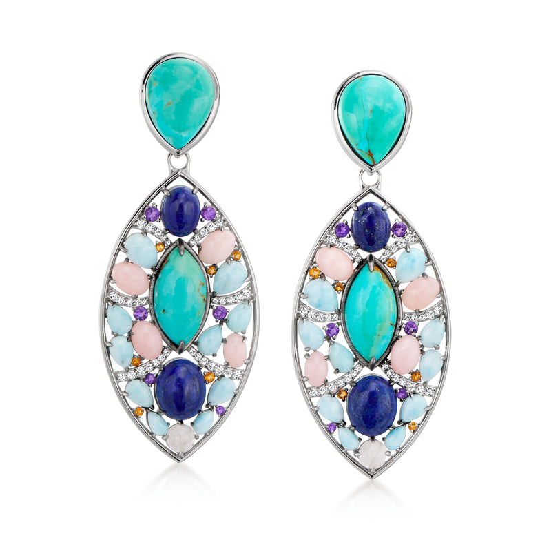 Turquoise oval gemstone drop earrings with multi-color stones in sterling silver