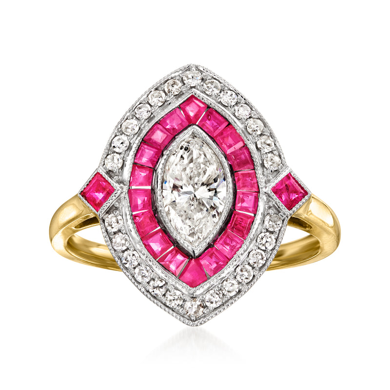 Vintage marquise ring in 14kt yellow gold with diamond halo and pink ruby center