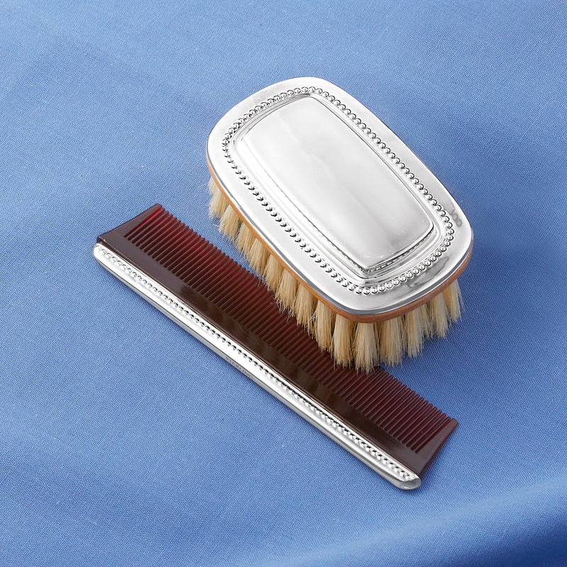 Sterling silver beaded hairbrush and comb set with plain oval brush back