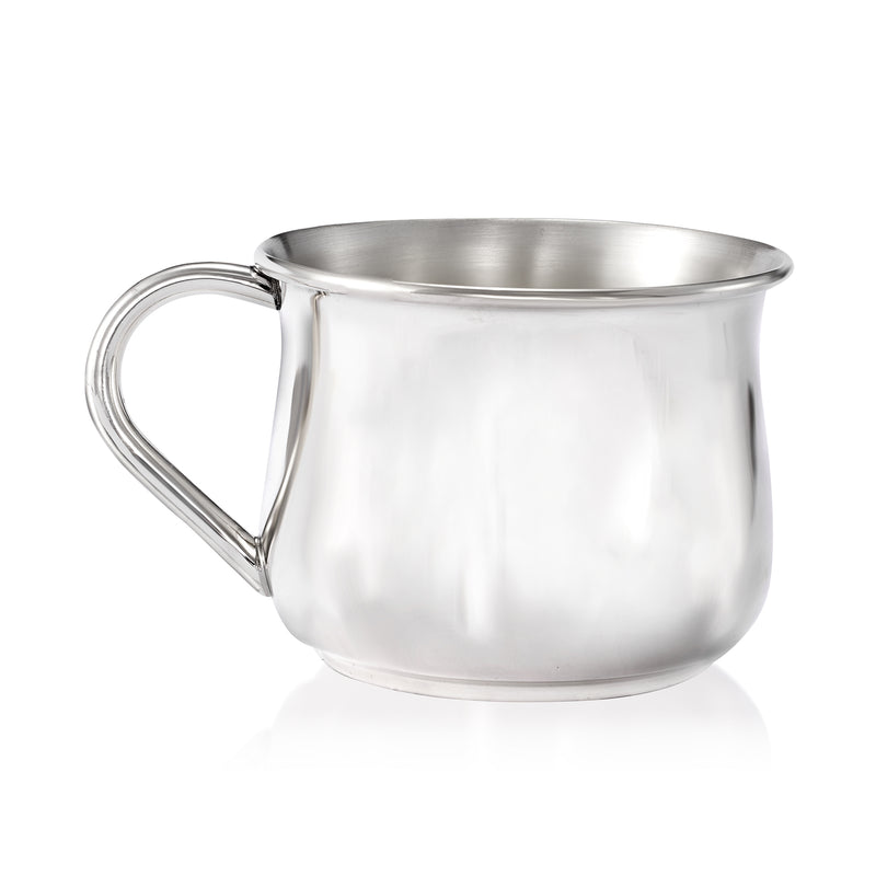 Sterling silver bulged baby cup with curved handle, smooth reflective surface