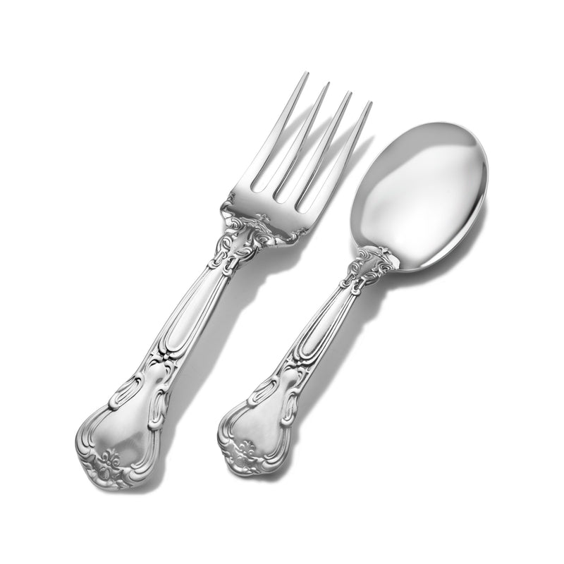 Sterling silver baby feeding fork and spoon with ornate handle details