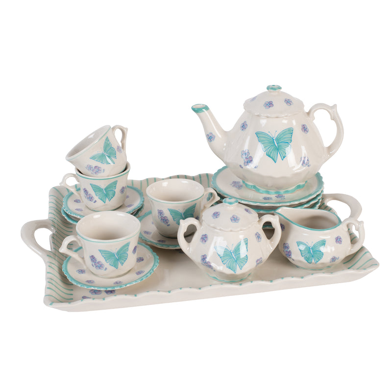 Children's porcelain butterfly tea set with teapot, cups, saucers, and tray