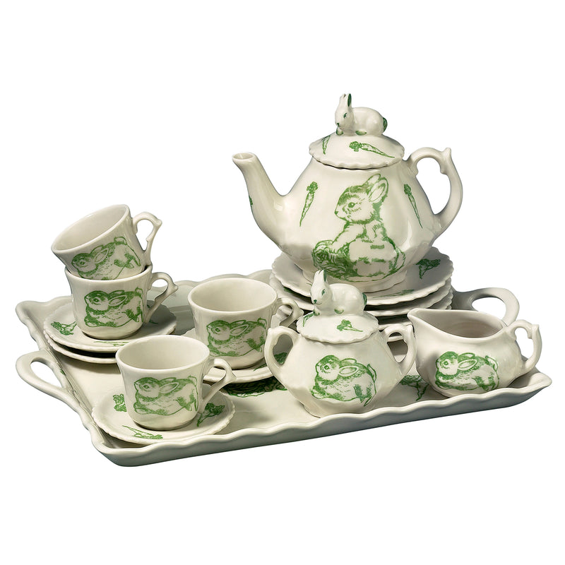 Porcelain bunny toile kids tea set with teapot, cups, and saucers, green motif