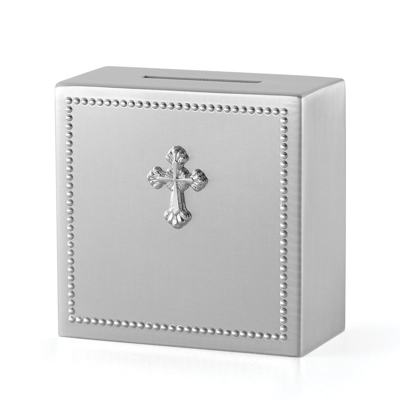 Reed & Barton Abbey bank in brushed silver metal with cross emblem and studded border.