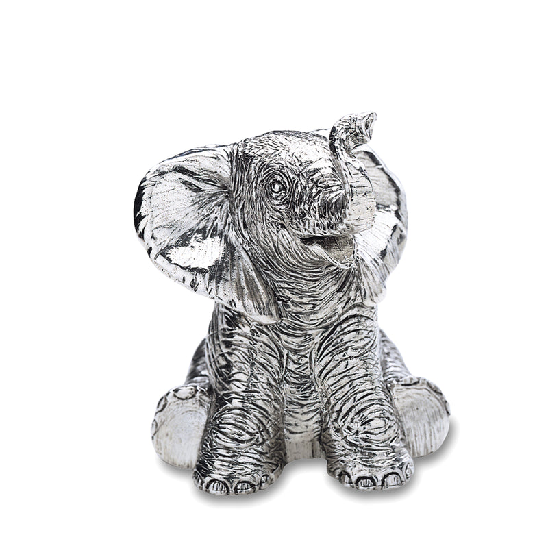 Reed & Barton baby elephant music box figurine, silver-gray with raised trunk and paws